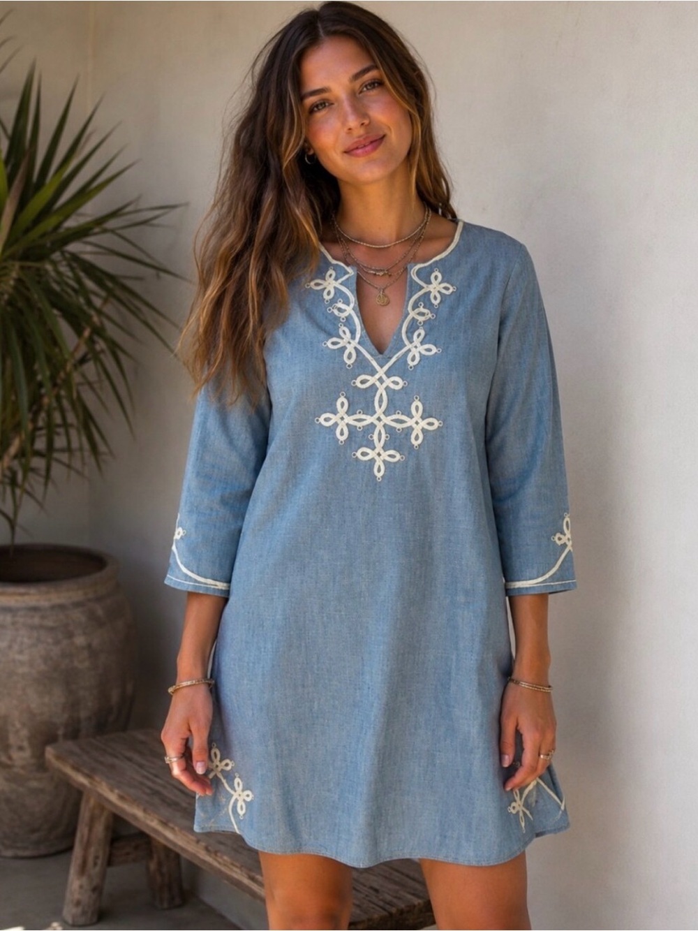 Lucky Brand Chambray Tunic Mini DressWhite Embroidery Boho Cottagecore Medieval